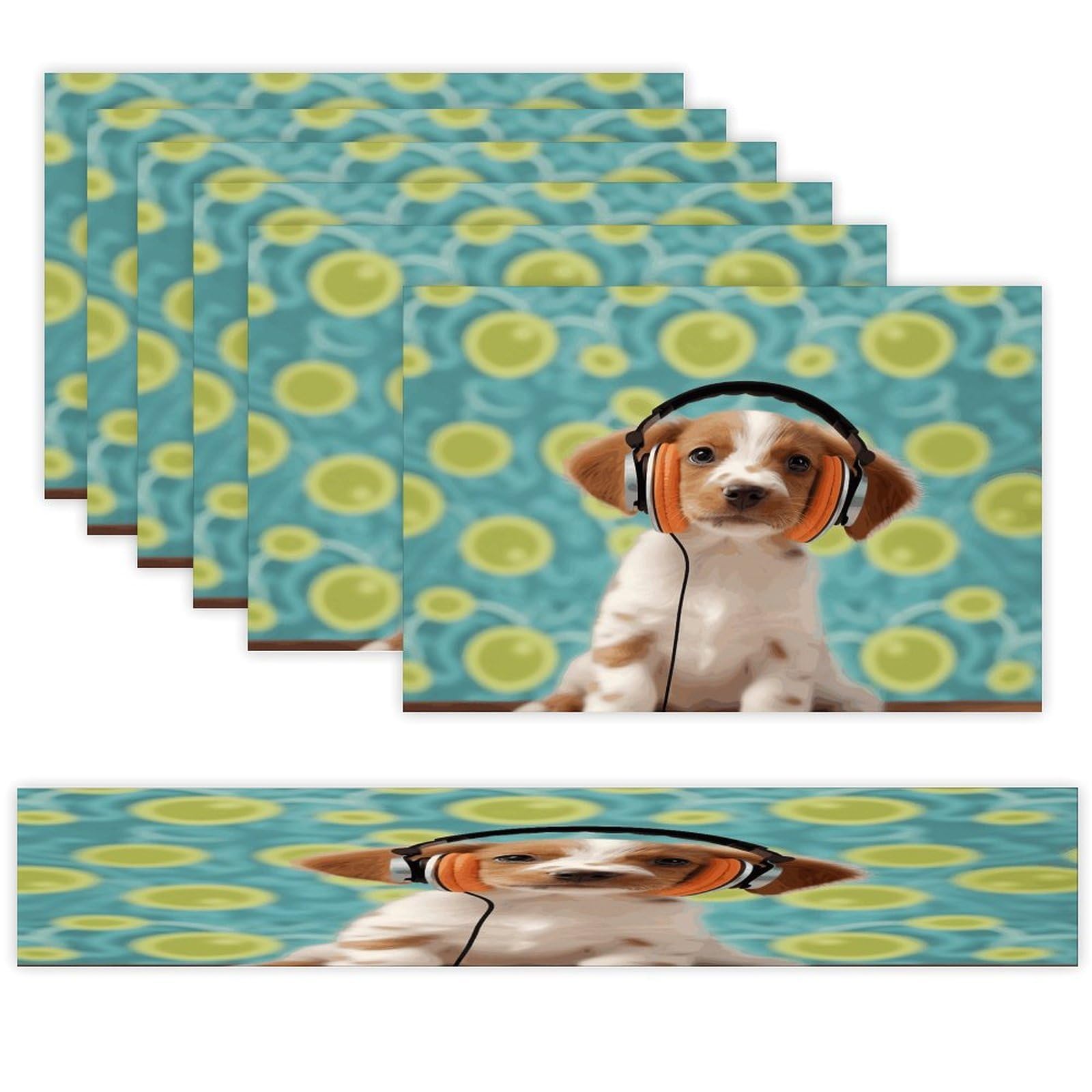 Puppy with Headphones Table Runner and Placemats Set of 6 for Kitchen Washable Table Mats Heat Resistant Place Mats Non-Slip Place Mat Wipeable Placemat(6 Placemats+1 Table Runner)