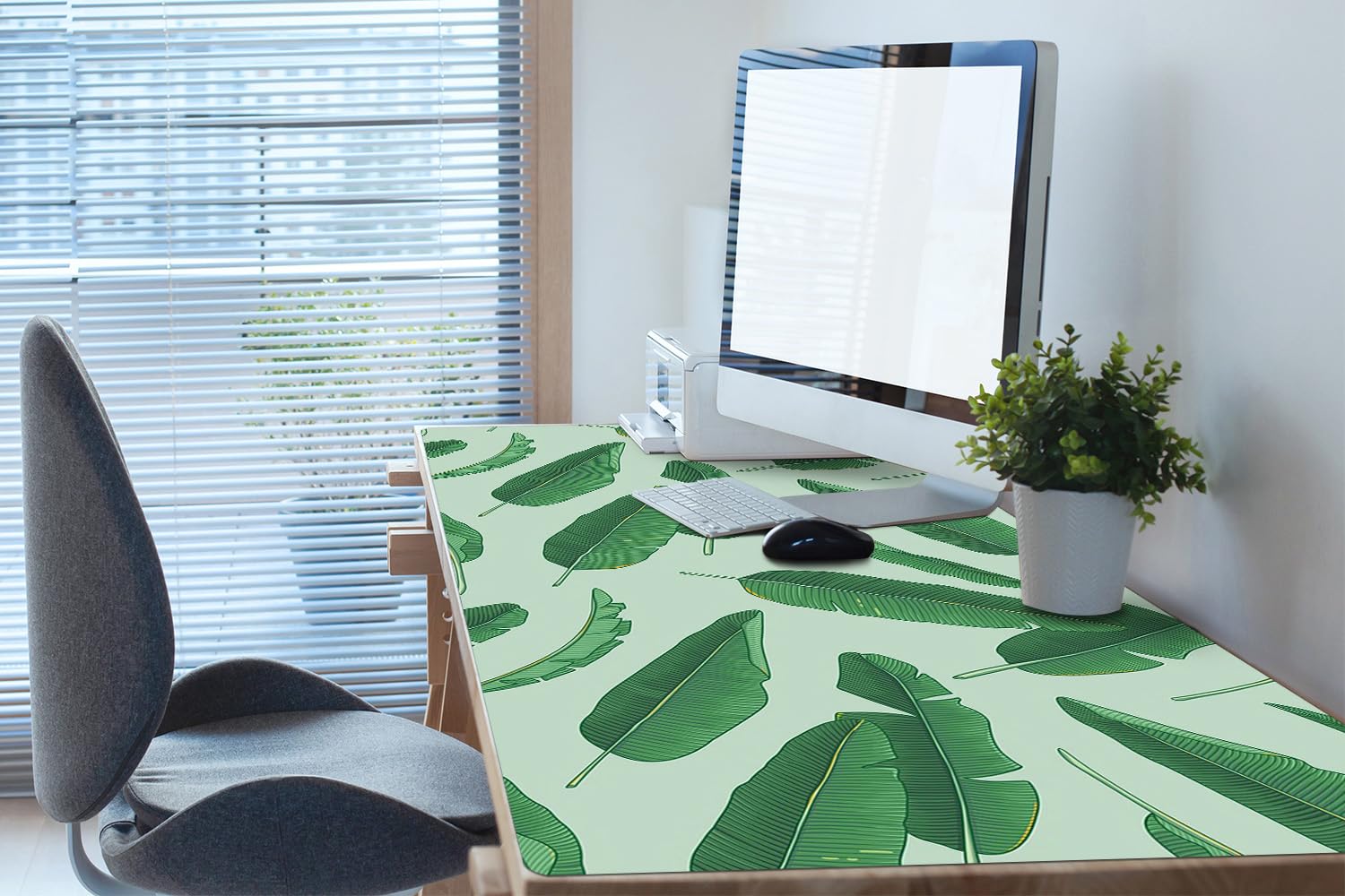 Tappetino da Scrivania 120x60 cm Facile da Pulire Antiscivolo Impermeabile per Ufficio e Casa in Vinile PVC Protezione e Decorazione Superficie Protettiva - Foglie di banano