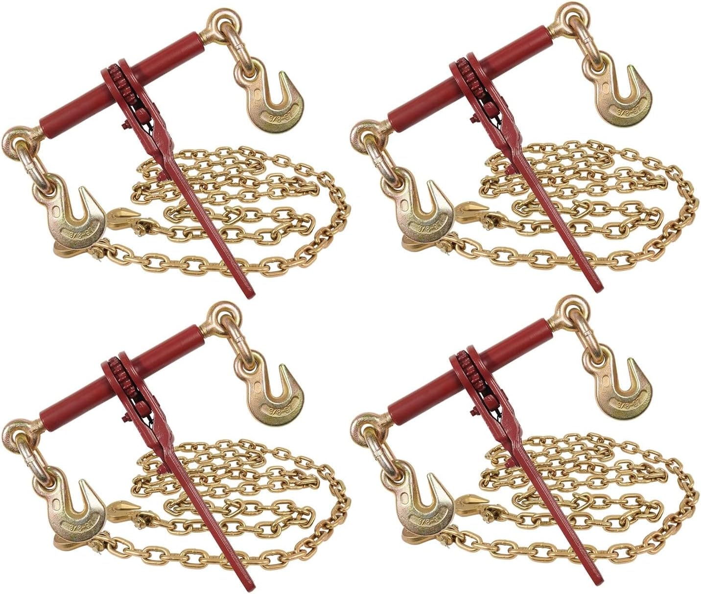 Mytee Products 3/8" Grade 70 Chain and Binder Kit | Includes (4) 3/8" - 1/2" Ratchet Load Binder Extreme & (4) 3/8" x 12' G70 Transport Chain w/Grab Hooks | 6600 lbs WLL for Truck Trailer Tie Down