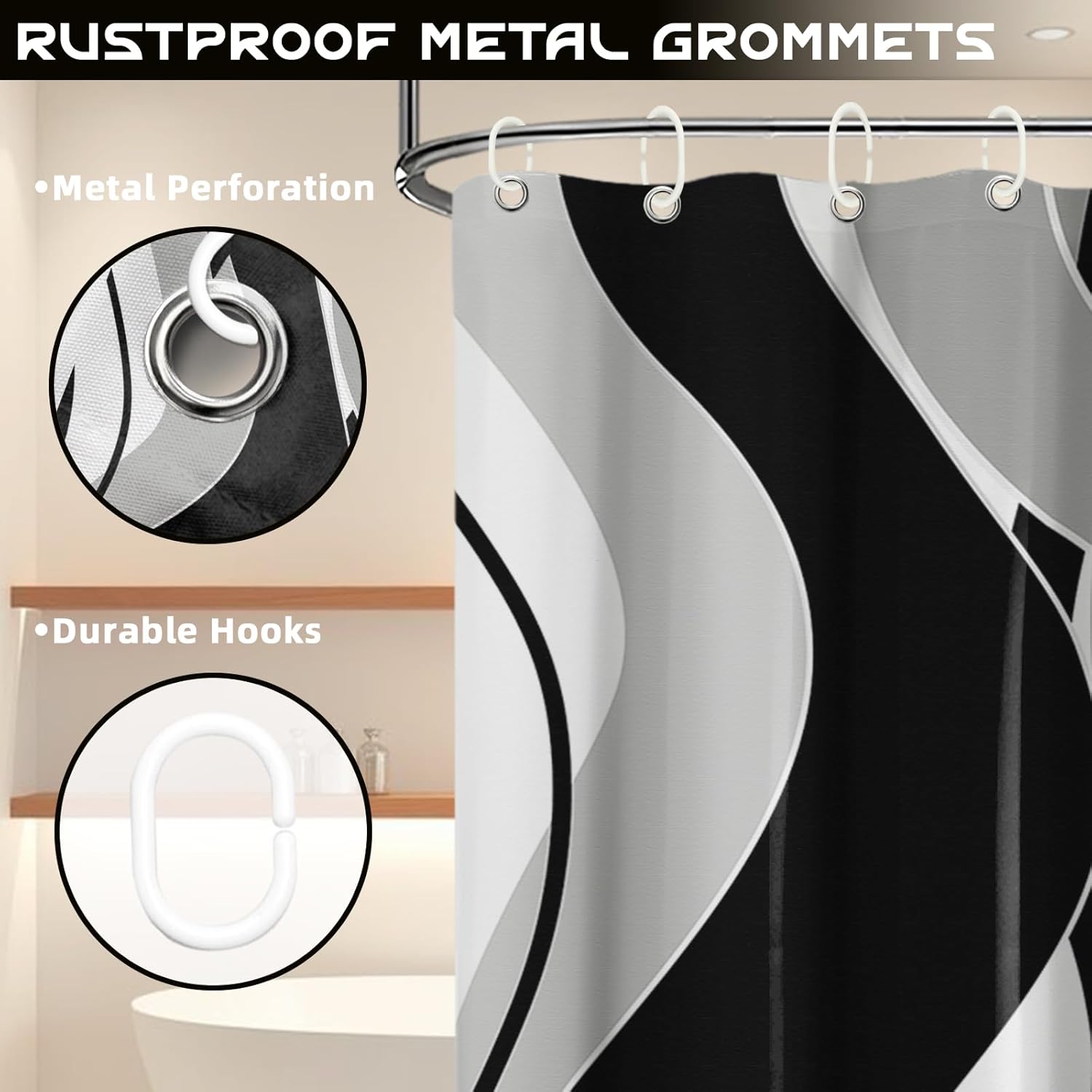 Striped Shower Curtain Modern Abstract Black and White Grey Shower Curtains for Men Bathroom Decor, Waterproof Cloth Fabric with Hooks 70" Wx96 L