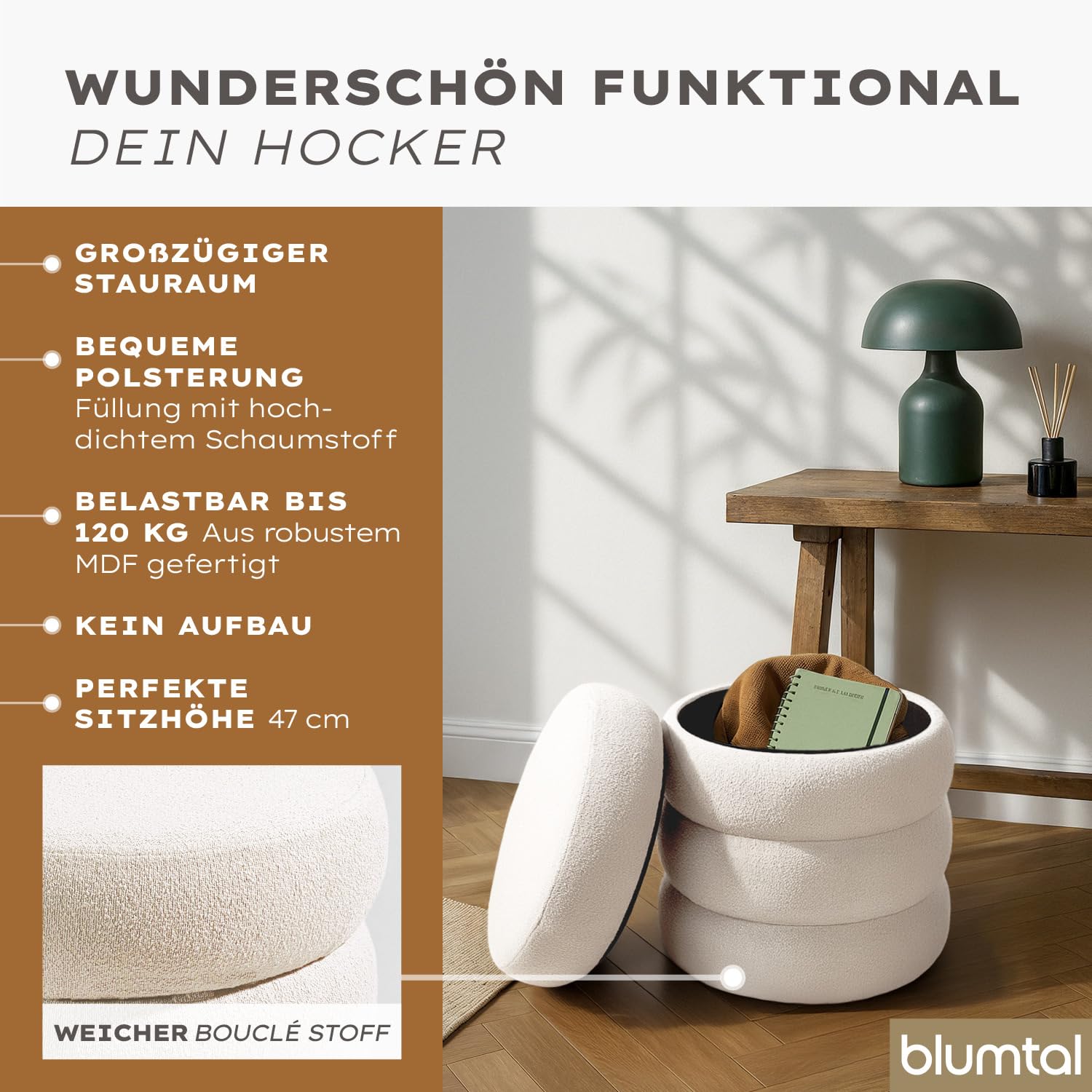 Blumtal Hocker mit Stauraum rund, Bouclé-Bezug - robuster Sitzhocker mit Stauraum & Bouclé-Stoff-Bezug 42 x 42 x 47 cm - kleiner Hocker Schminktisch - wunderschöner Bouclé-Look - Sitzhocker rund Creme