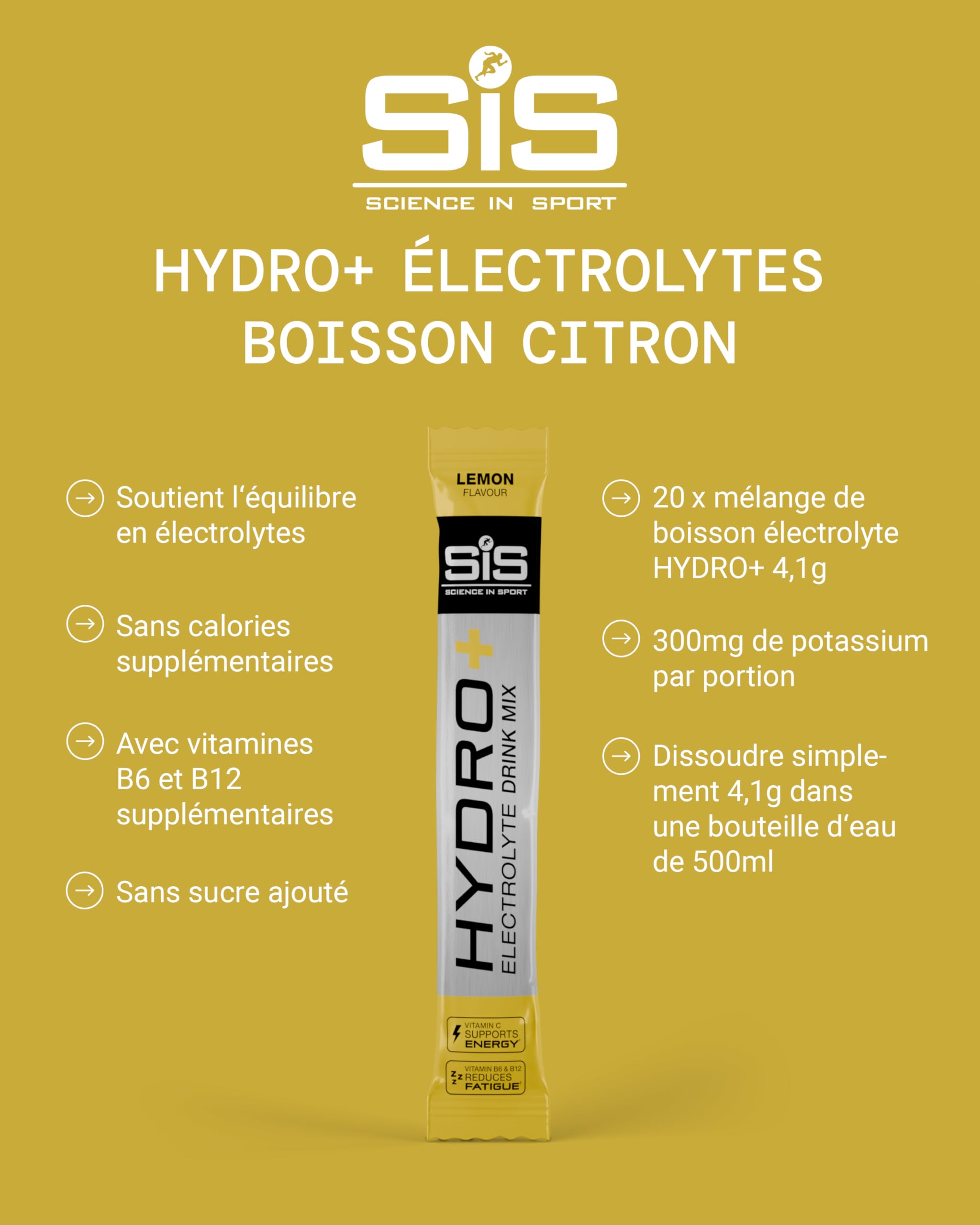 Science in Sport HYDRO+ Poudre Boisson Électrolyte 20 x 4,1g Citron - Poudre électrolyte végane, poudre boisson sportive avec vitamine C et 5 électrolytes essentiels
