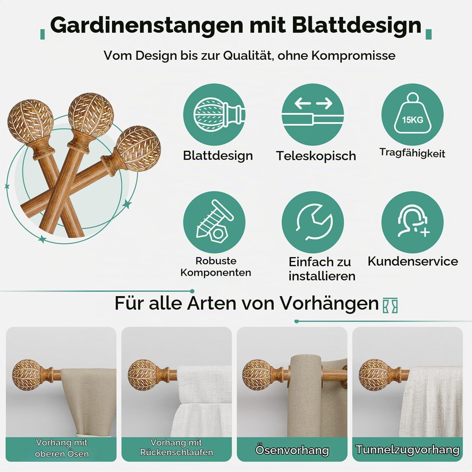 Gardinenstange Holzoptik 80-365cm Metall Ausziehbar BohoStil | Lang Vorhangstange mit Blatt-Enden inkl.Halterungen 15KG Schwerlast für Fenster Wohnzimmer Schlafzimmer Terrasse Vintage