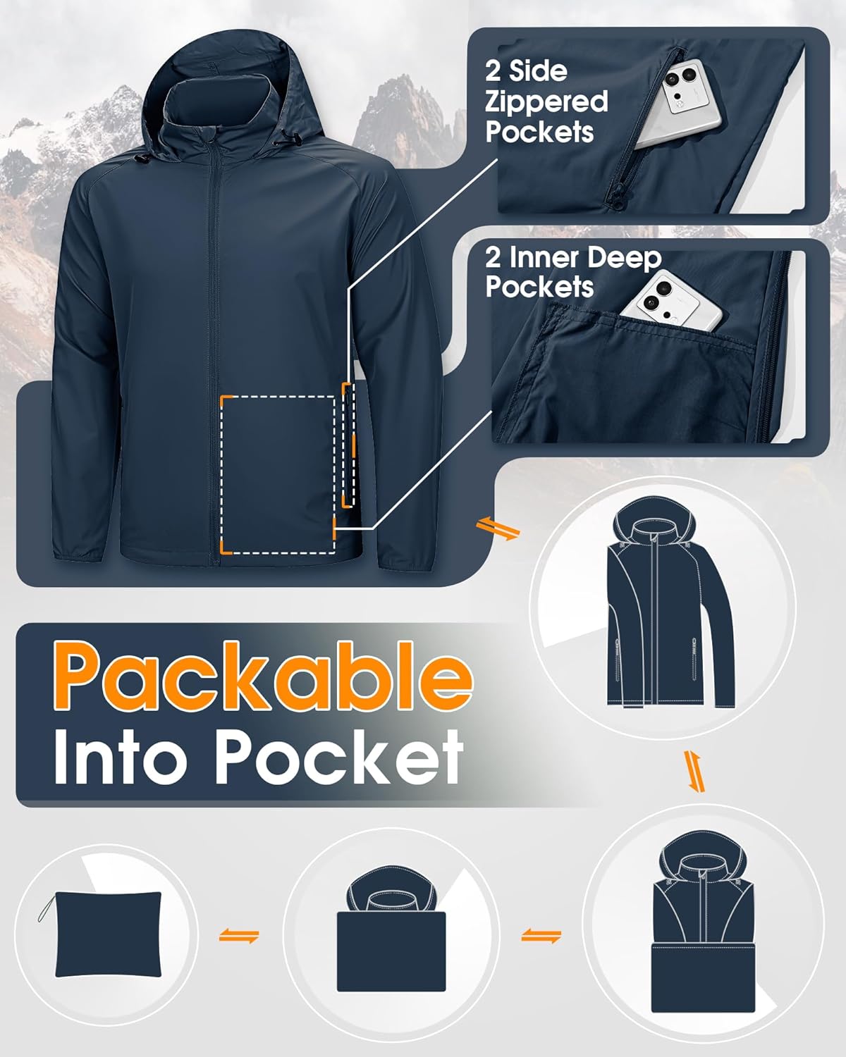 33,000ft Men's Rain Jacket Waterproof Lightweight Raincoat Packable Rain Shell Windbreaker with Hood for Golf Hiking Travel - Image 4