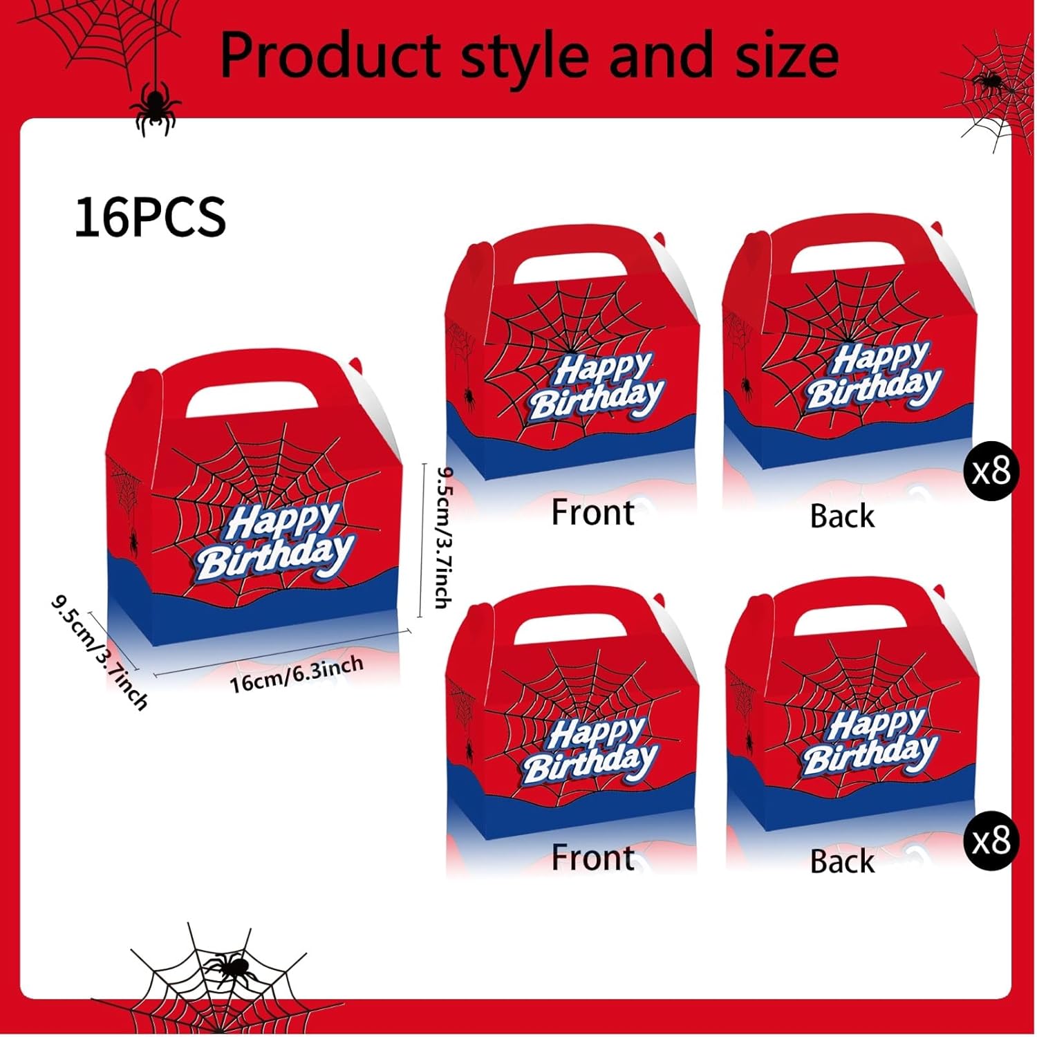 FLOLUVZ 16 PCS Spider Birthday Party Favor Treat Boxes, Spider Goodie Boxes Gift Bags, Gable Candy Box for Cartoon Themed Birthday Party Supplies Decorations - Image 3