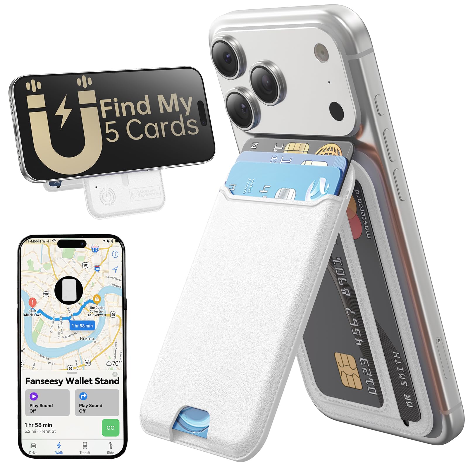 for MagSafe Wallet, Works with Apple Find My,5 Card Holder with Stand, Magnetic Phone Wallet Stand for iPhone 17/16/15/14/13/14 Pro Max Air Plus, RFID Blocking Vegan Leather,White