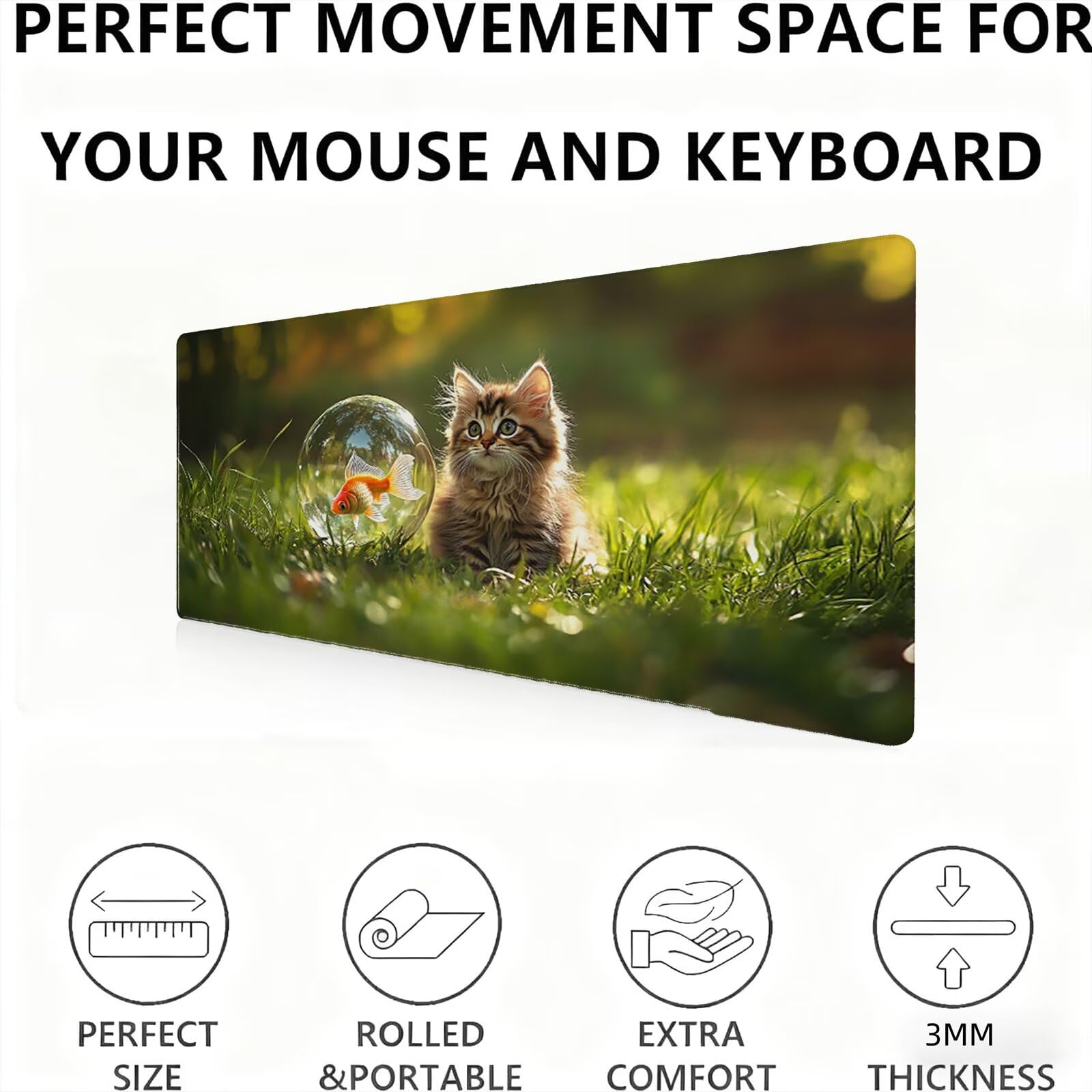 Podkładka pod mysz XXL kot/ryba 1200 x 600 mm duża podkładka pod mysz szyte krawędzie wodoodporna antypoślizgowa duże rozszerzone akcesoria biurowe na PC, przenośna poprawia dokładność i szybkość