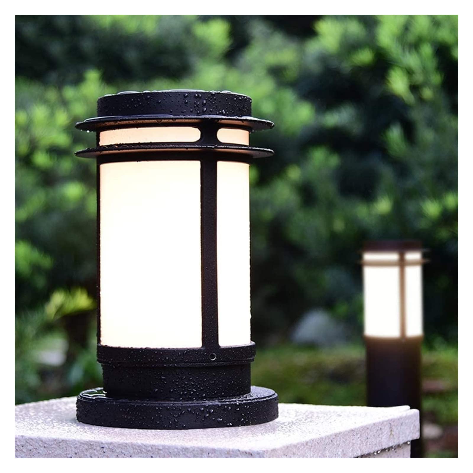 Lampada da cortile rotonda in alluminio nero per esterni da giardino Lampada da palo in vetro Semplice porta impermeabile Prato Colonna luminosa Cortile Parco Paesaggio Lampada a colonna Lampada da
