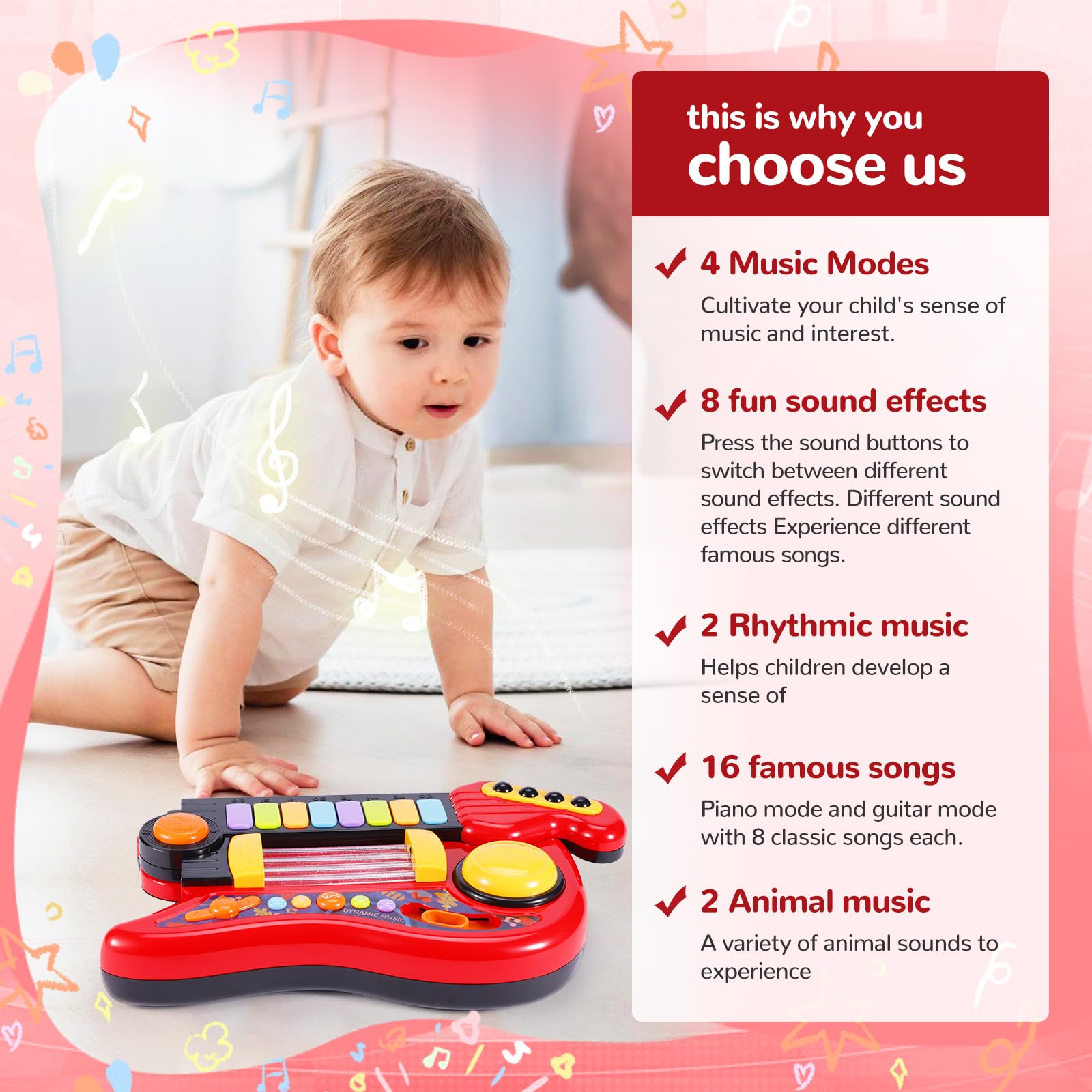 JONRRYIN Gitarre Kinder Spielzeug, 2 IN 1 Kinder Gitarrenspielzeug & Klavier Spielzeug, Kindergitarre Musikalisches, 4 Spielmodi multifunktionales Instrumentenspielzeug, Lernspielzeug Lerngeschenk