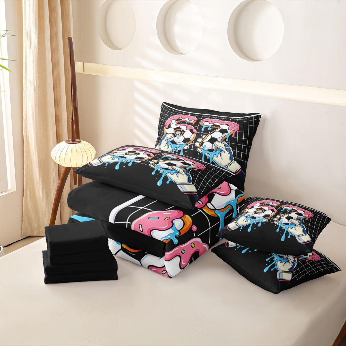 Loussiesd SIX SEVEN 6 7 Ice Cream Football Copripiumino Singolo 7 Pezzi Calcio Set di Biancheria da Letto per Bambini Ragazzi Ragazze Dolce Dessert Bed in a Bag con Copripiumino, Lenzuola, Federe