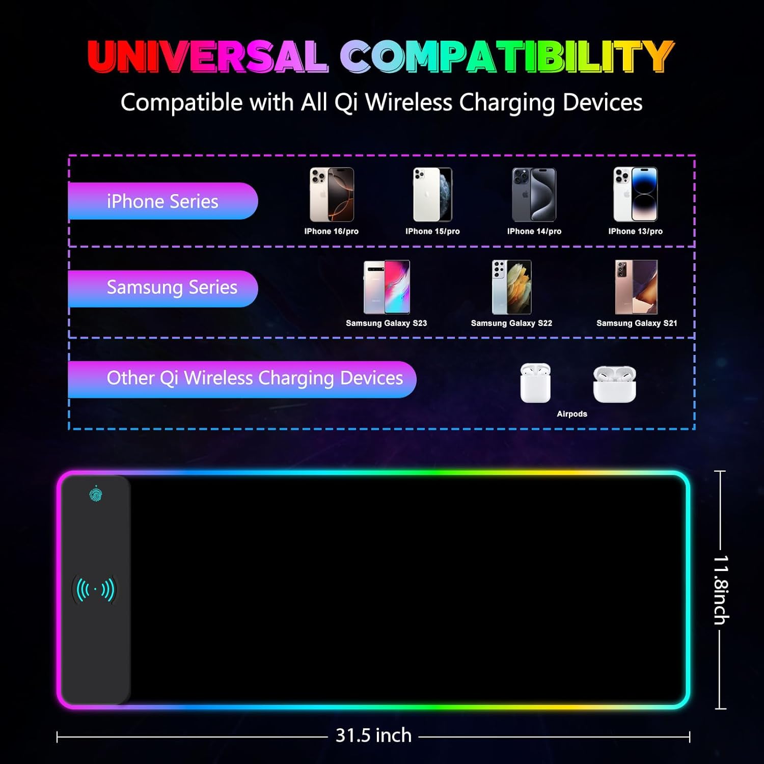 RGB Gaming Mouse Pad with Wireless Charging, Large LED Mouse Pad with 10 Light Modes, Extended Keyboard Pad Non-Slip Rubber Base,Waterproof Desk Pad for Home Office, Black