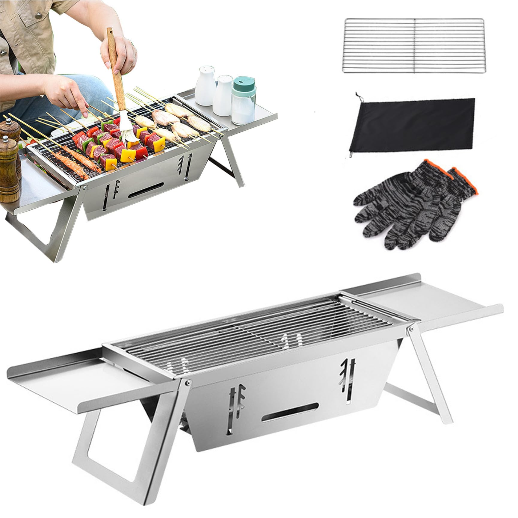 Przenośny grill na węgiel drzewny – mini składany grill ze stali nierdzewnej grill stołowy na kemping, do ogrodu, na taras, idealny sprzęt do gotowania na świeżym powietrzu