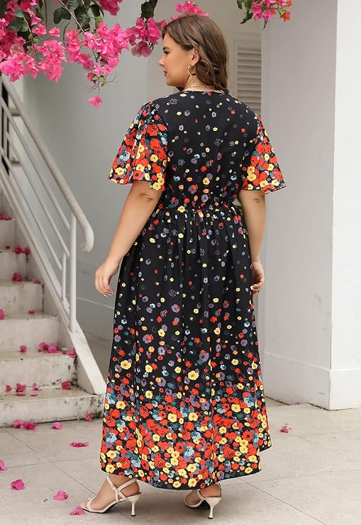 Nemidor Women Plus Size Casual Boho Maxi Dress Flared Pocket