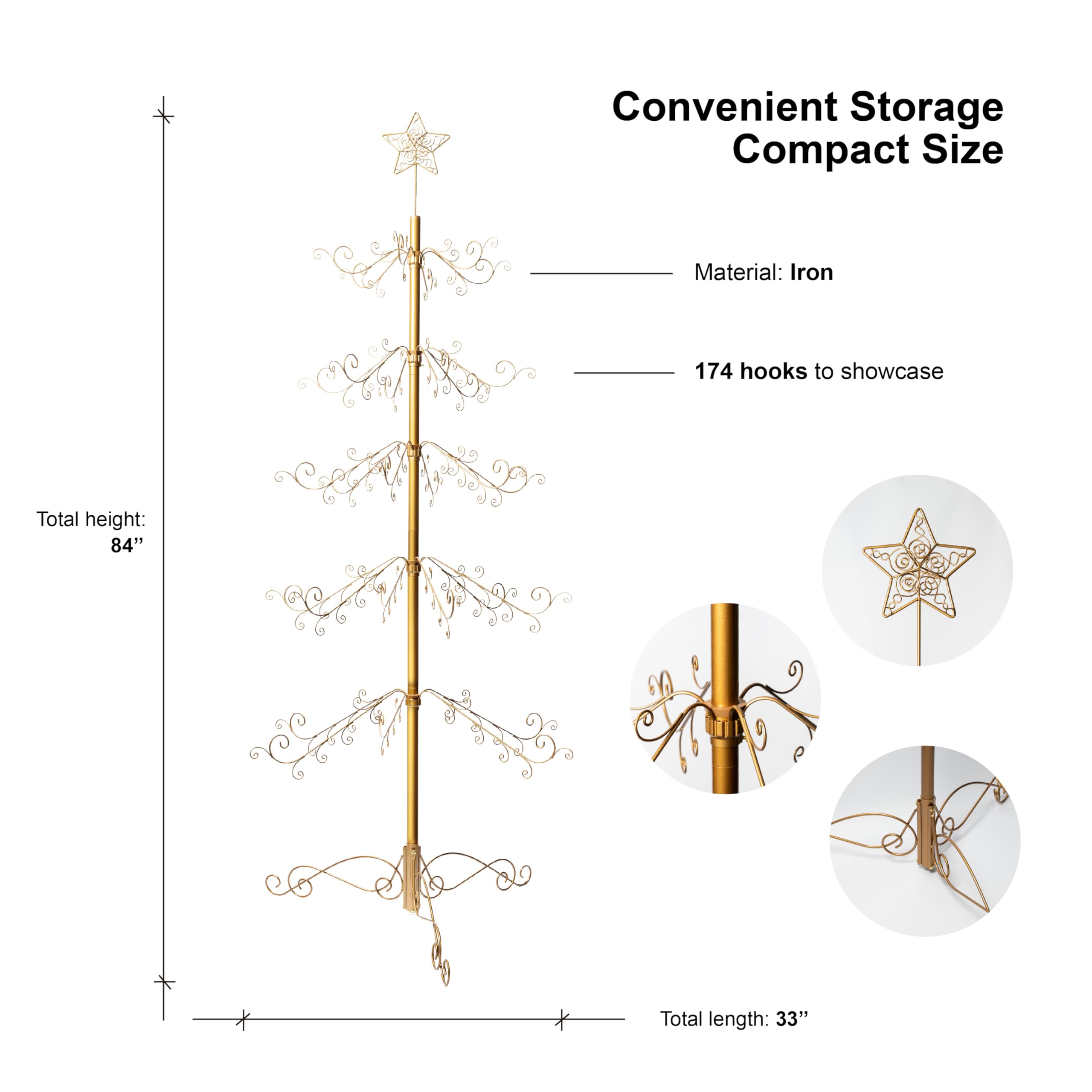 HOHIYA 84 Inch Ornament Display Tree Stand Metal Christmas Wrought Iron Hanger Hook for Halloween Hanging Decorations Eco Gift Gold