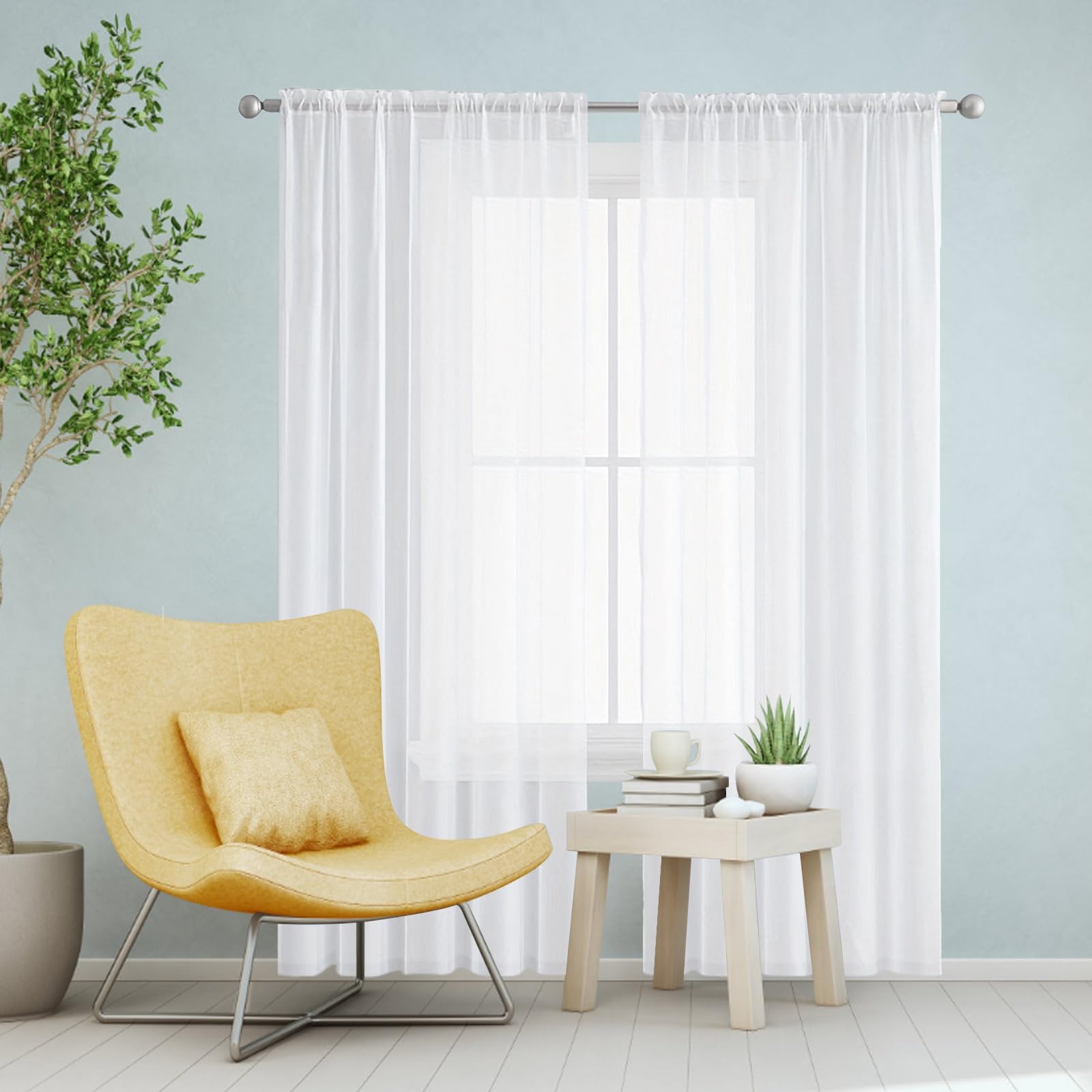 2Er Set Voile Vorhang 135 x 120 cm Voile Polyester Transparent Wohnzimmer Luftig Dekoschal Gardine Schlaufengardinen für Schlafzimmer Wohnzimmer, Weiß