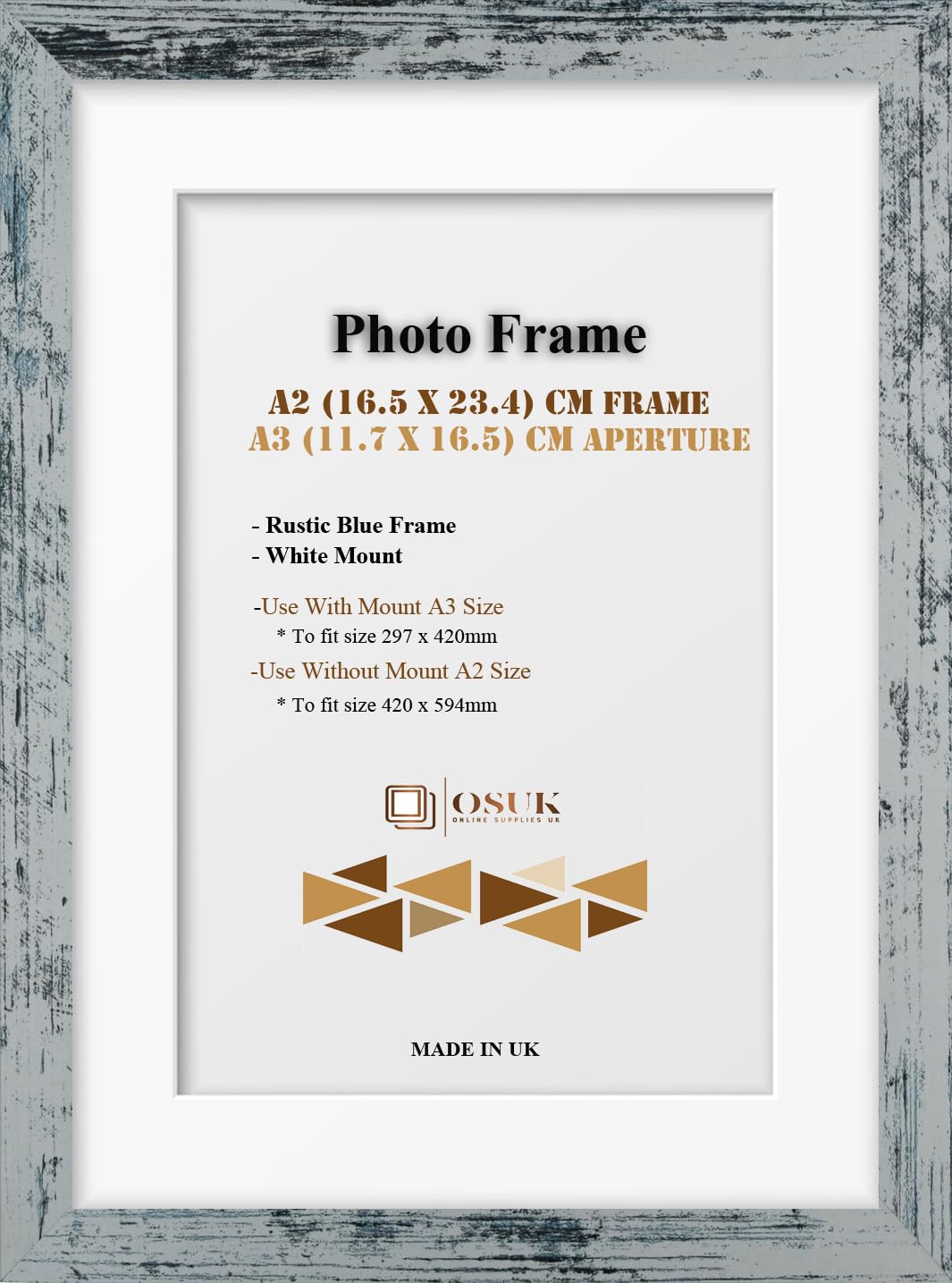 Frame Eazy Rustic Blue Osuk A2 Frame With A3 Mount Modern Photo Frame With White Mount - Clear Perspex Front & Wall Mounting Poster Frame - A2 Picture Frame With A3 White Mount