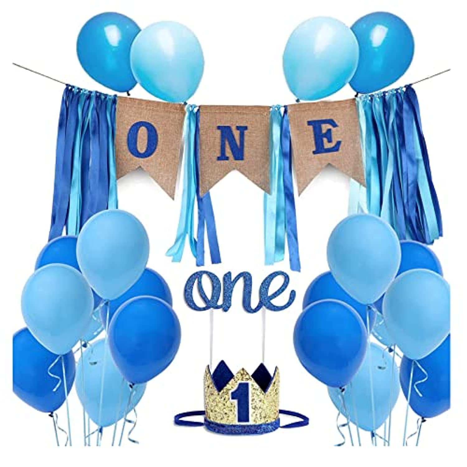 First Birthday Party ation, Birthday ation set for Boys, Number 1 Banner, Baby Crown , Cake Topper, Balloons, Party supplies kit, quality decoration set boys