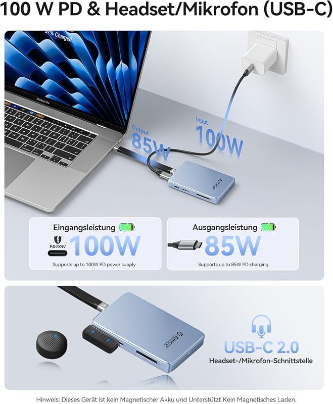 Carcasă ORICO M.2 NVMe hub 6 în 1, 10 Gbps pentru iPhone 17 16 15 Pro Max Plus ProRes, TF SD card, PD 100W, 2230 2242 2260 2280 B și M M-Key AP80F-BK