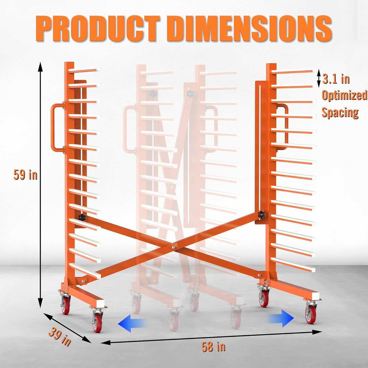 15-Level Paint Drying Rack for Cabinet Doors (Expandable 12"-58") - 1650lbs Heavy Duty Cabinet Drying Rack with 3.1" Spacing - Rolling Stand for Professional Woodworking