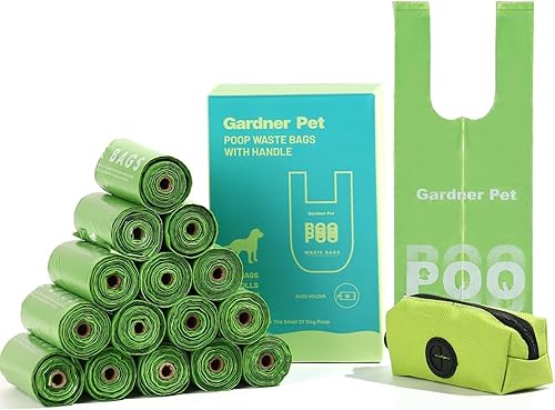 Dog Poop Bags with Handles 15 Rolls, 180 Counts Pine Scented Dog Waste Bags with Dispenser, Leak Proof and Extra Thick, Easy-Tie Pet Poop Bags with Holder for Dogs, Puppies, Cats, Kitten
