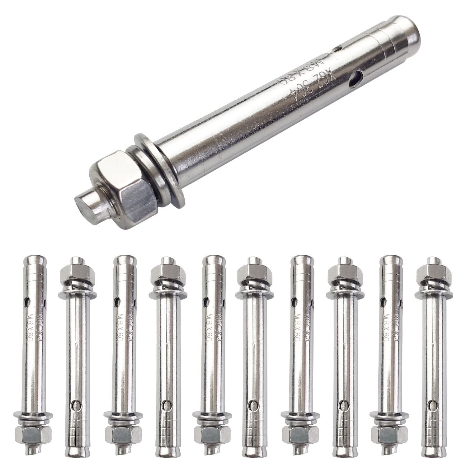 JENSWILL 10 Pack M8x80mm Expansion Bolts Anchor Bolt 304 Stainless Steel External Hex Expansion Screw Bolt Sleeve Anchor Fastener Wall Concrete