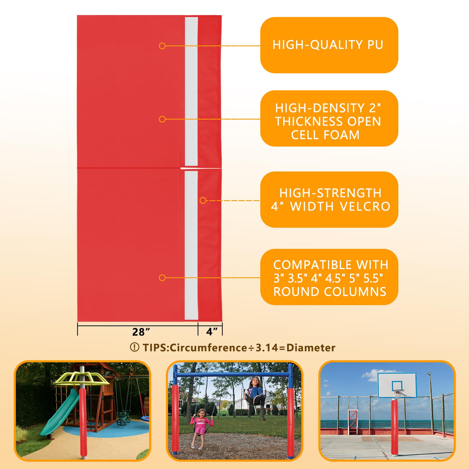 60 Inch Tall Round Pole Padding - Heavy Duty 2” Thick Foam Wrap Around Round and Square Post Pad for 3-4” Diameter Basketball Pole, Swing Pole, Electric Pole & More,Easy Install with Unique Design