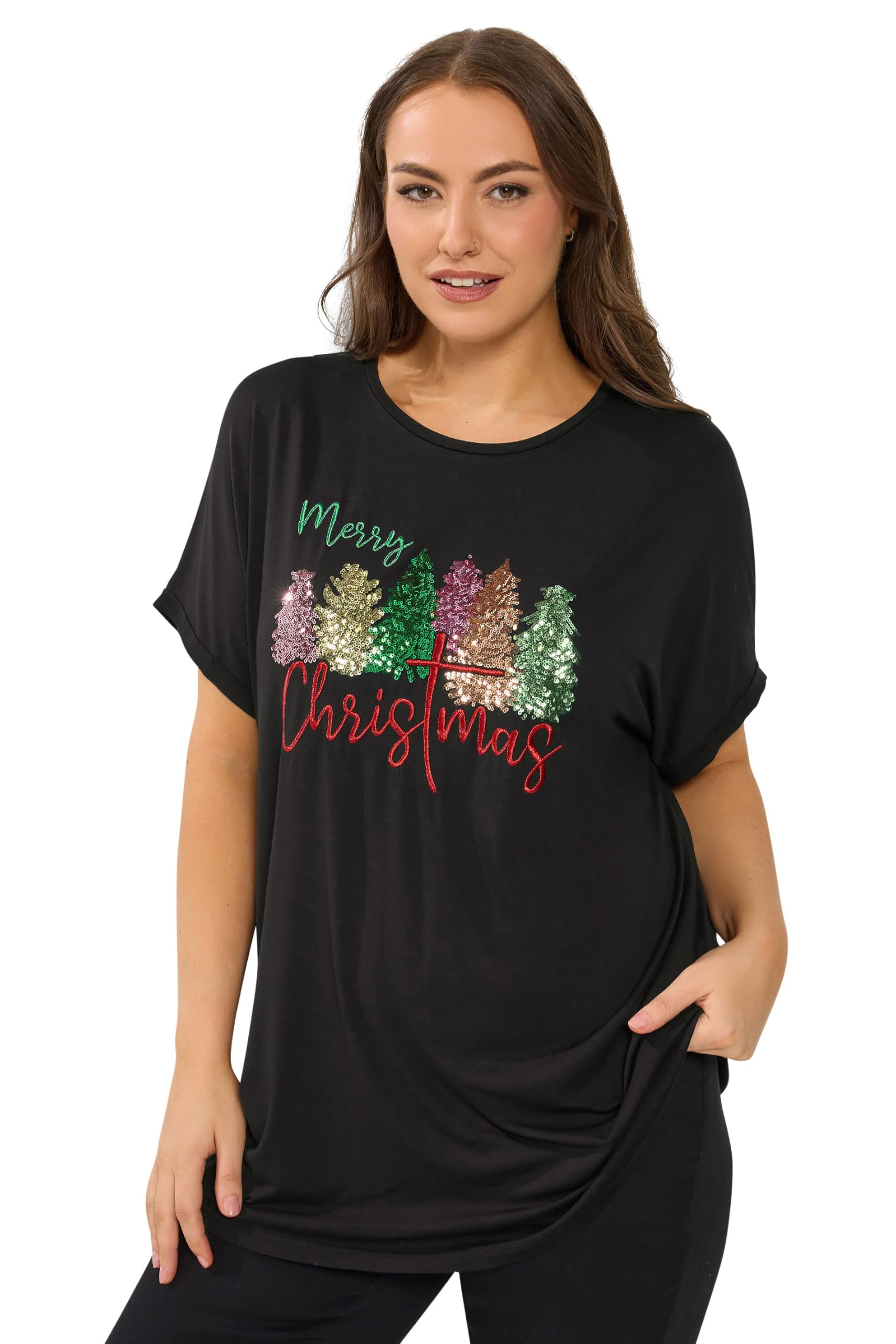 Yours Women's Jet Black Curve 'Merry Christmas' Novelty T-Shirt - Plus Size Curve