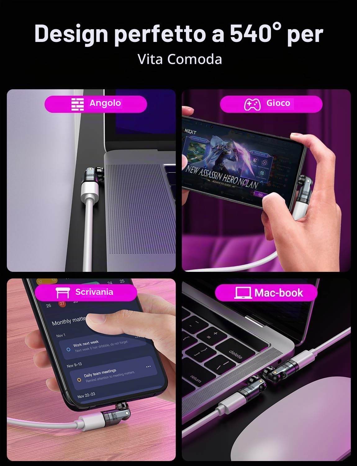 VAFOTON Adattatore Magnetico USB C 240W, Adattatore Magnetico USB C a 9 Pin (Confezione da 2), Rotazione di 540°, Supporta PD 240W 5A Ricarica Rapida, Trasferimento Dati, per MaBook Pro/Laptop