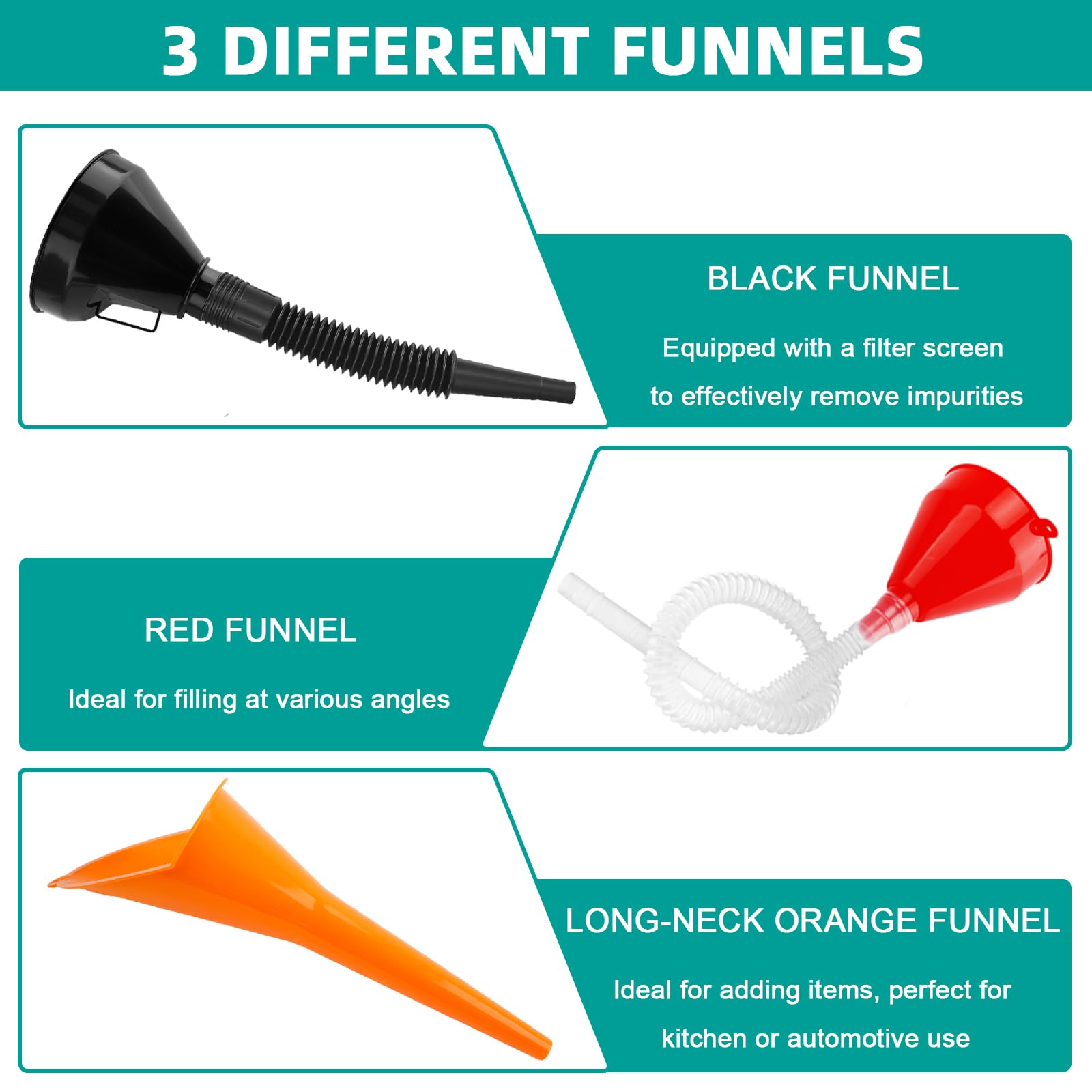 3Pcs Flexible Plastic Funnel Set,Wide Mouth Fuel Funnels,Flexible Right Angle Funnels with Detachable Spout and Filter,Long Mouth Funnel for Car, Motorcycle & Kitchen Gasoline Petrol Engine - 4