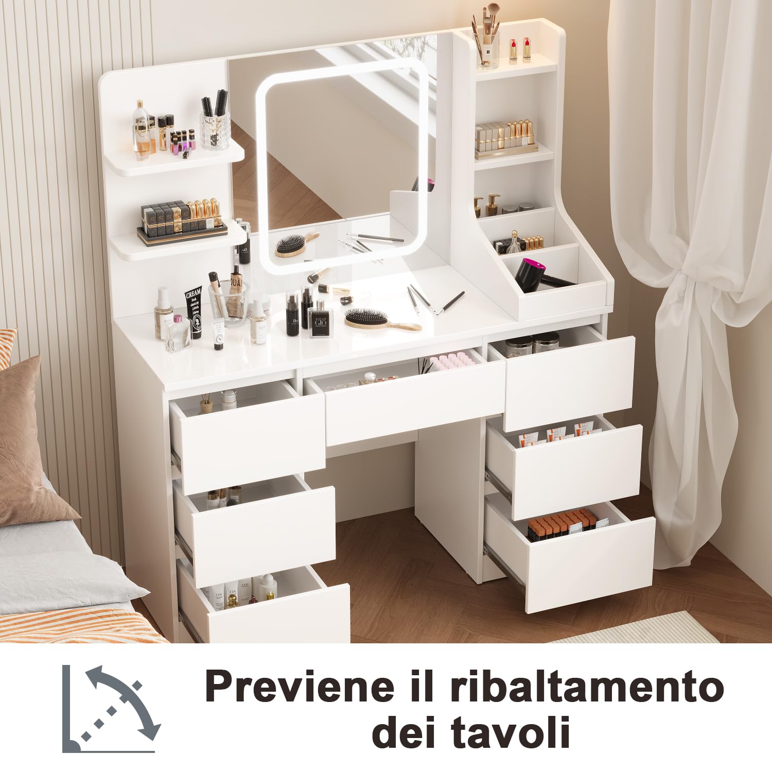 Devoko Toeletta da Trucco con 7 Cassetti, Postazione Trucco con Specchio a LED, Luminosità Regolabile,Tavolo da Toeletta con 4 Ripiani Aperti,per la Camera da Letto, Bianco