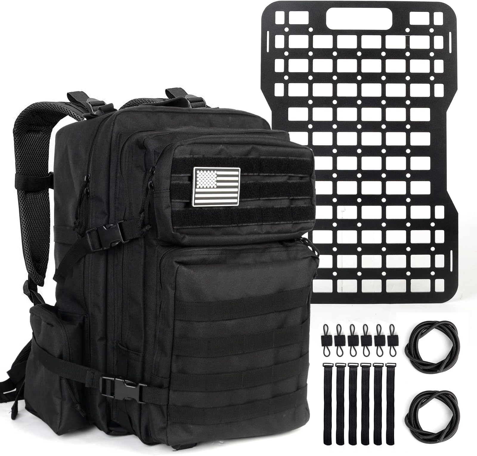 Rigid Insert MOLLE Panel Portable Gear Organizer with Carry Handle&Military Tactical Backpack, 6 Tactical Gear Holder Clip,6 Fastening Tape，2 Elastic String