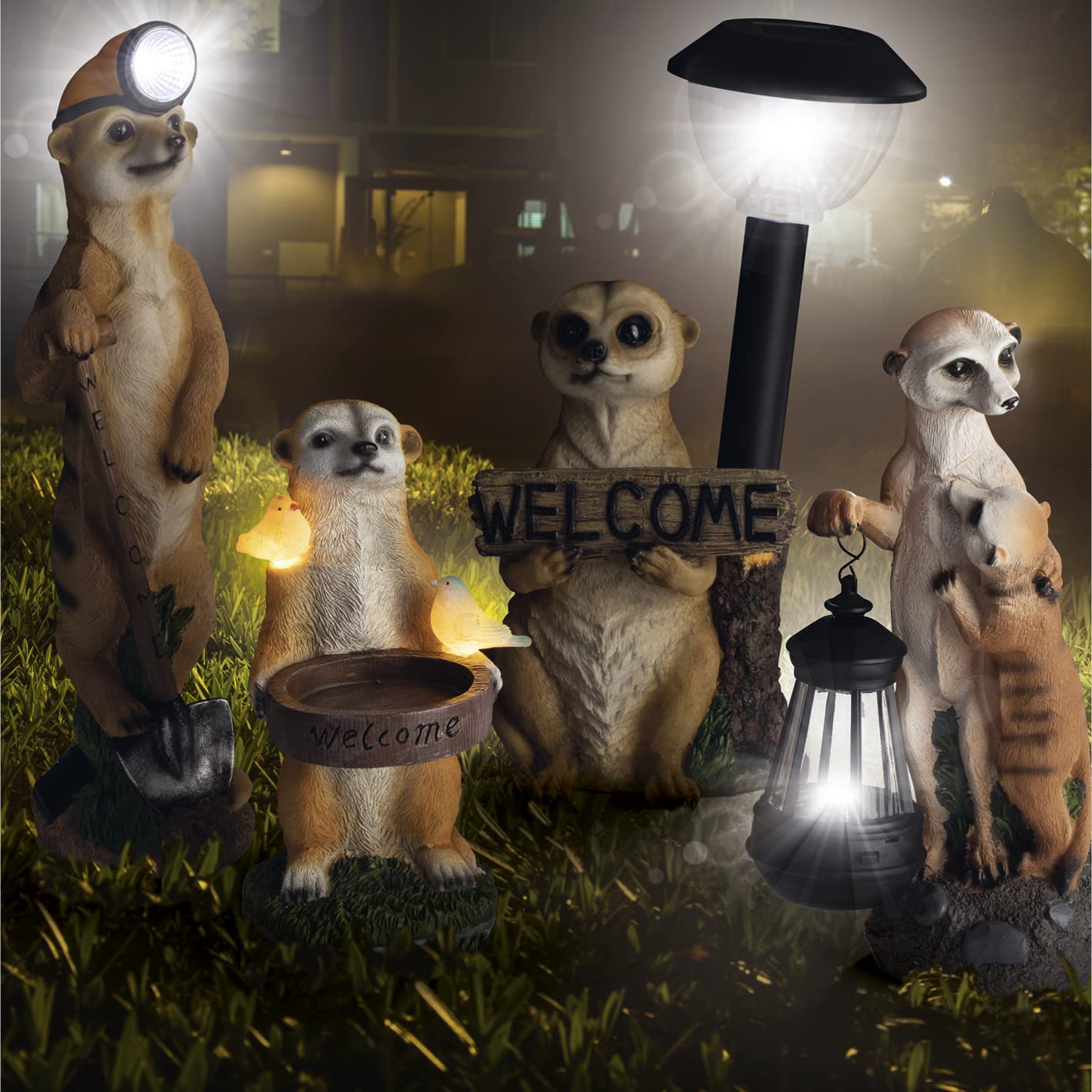 EASYmaxx Solaire Del Suricate avec Bain pour Oiseaux | sans Fil avec capteur Automatique de lumière | Fidèle aux détails | Décoratif pour Jardin, Balcon, terrasse | Durée d'éclairage de 8 Heures