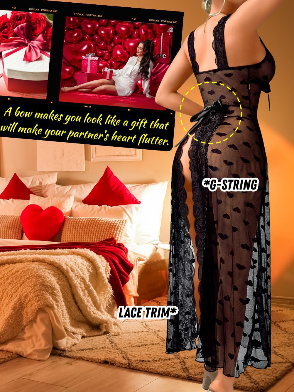 Women Sexy Lingerie Dress With Slit, Heart Bow Floral Lace Valentines Gift, G String Sheer Mesh Long Nightgown Exotic - Image 3