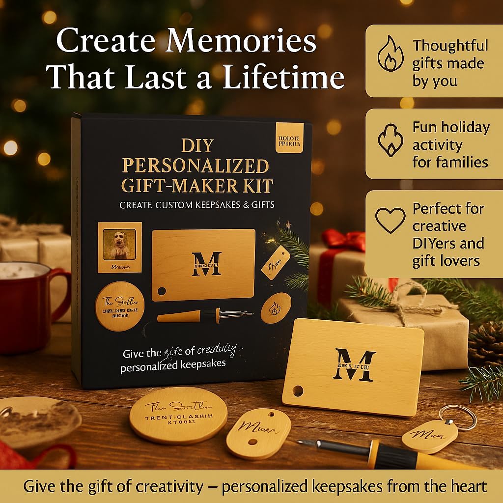 DIY Woodburning Gift-Maker Kit — Screen-Free Holiday Break Activity (Ages 12+) — Personalize Cutting Board, Coasters, Keychains & Frame — Tool, Tips, Instructions, Wood Blanks Included