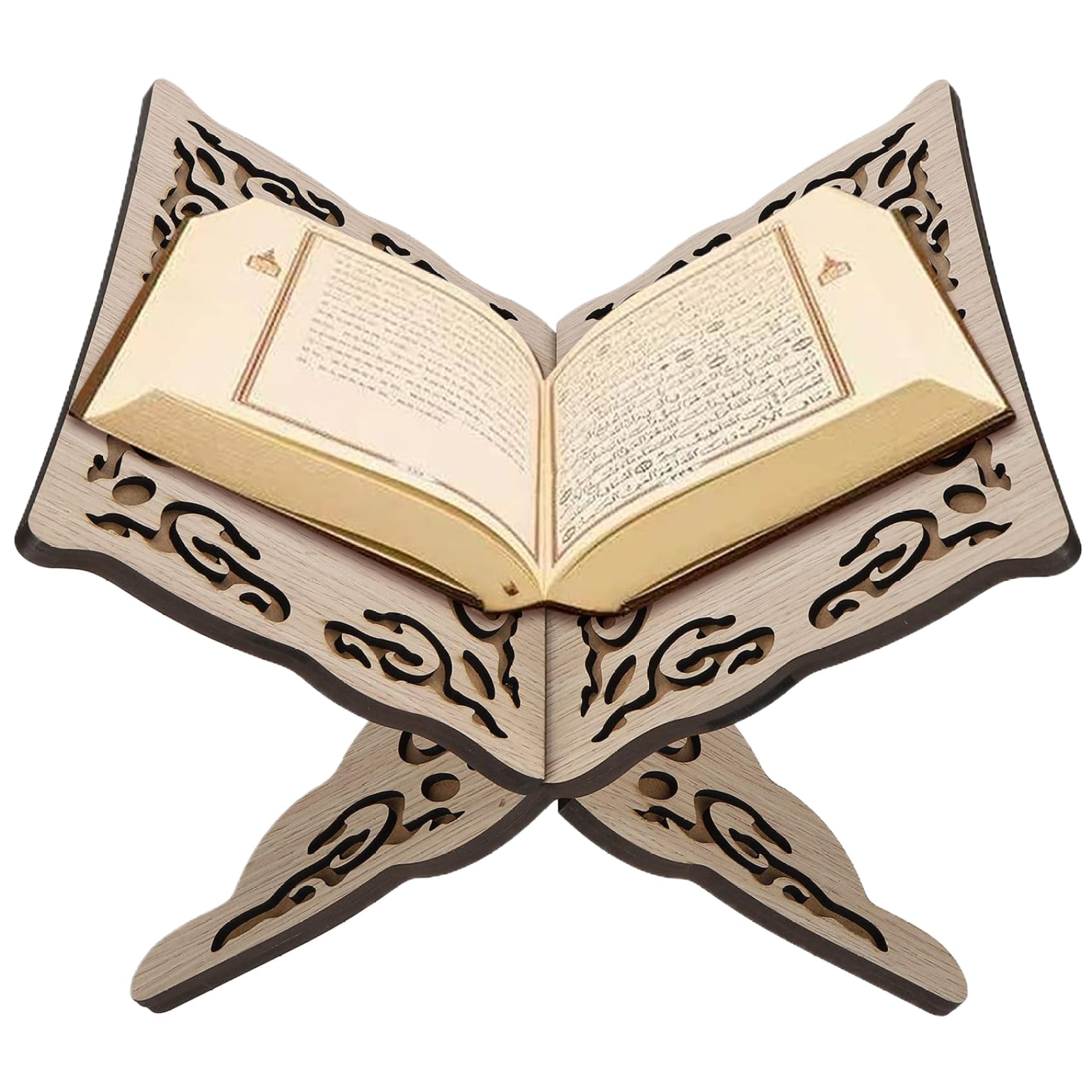 Ameble Wood Color Quran Holder Foldable Wooden Quran Stand Book Holder For Prayer Reading, Muslim Bible Display, Cookbook Magazine Stand For Home Mosque Chapel 9.8X8.1x6.7''