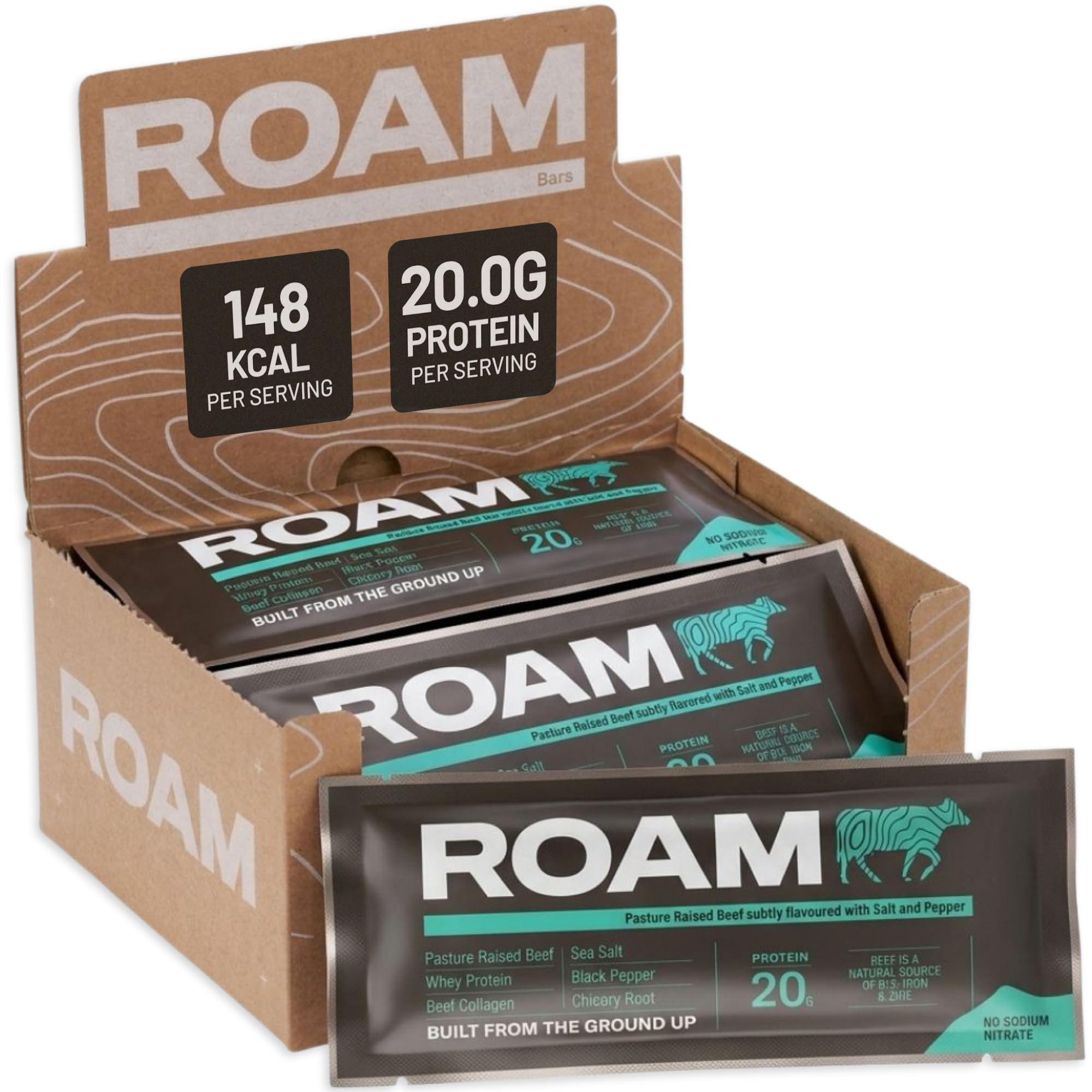 ROAM Beef Protein Bars, Jerky-Style Protein Snacks, Salt & Pepper 12er Pack (12 x 45g) | Herzhafte Protein Snacks aus Grass-Fed Rindfleisch