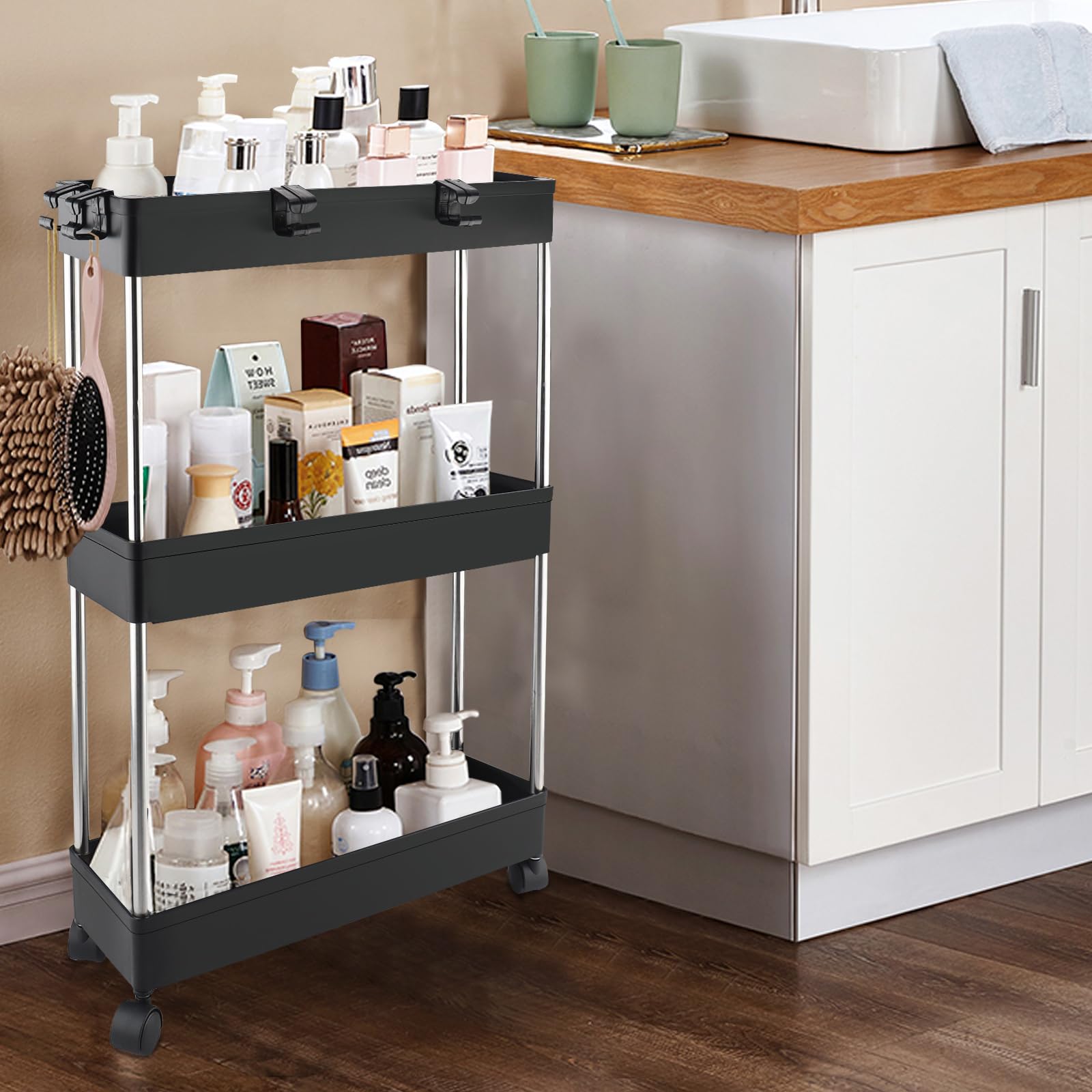 Carrello Da Cucina 3 Livelli In Acciaio Inox, Con Ruote Piroettanti Frenate, Portata 75 Kg, Multifunzione Per Ristorante O Casa - 3