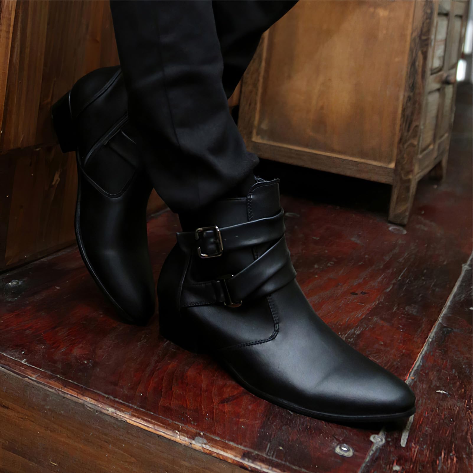 ANUFER Herren Western Ferse Spitze Zehenpartie Knöchel Stiefel | Seitlicher Reißverschluss, Verstellbare Riemchen mit Schnalle, Mikrofaserleder, Gutaussehend, Elegante Stiefeletten