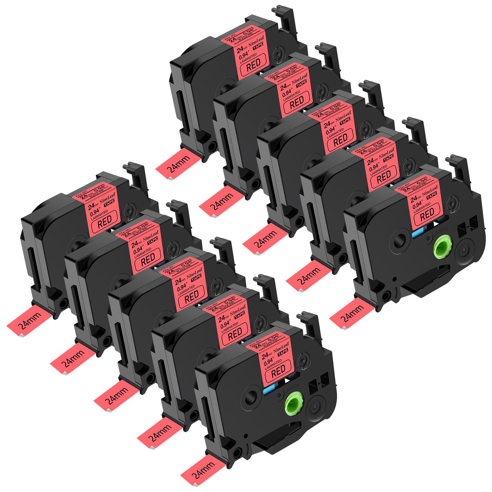 NineLeaf 10 Pack Compatible Label Tape Replacement for Brother P-Touch TZe TZe-451 TZe451 TZ-451 TZ451 Black on Red Laminated Tapes 24mm 1'' x 26.2 ft for PT-D600 PT-P710BT 2730 E500 Label Maker
