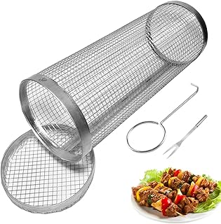 ZOYDP BBQ Grill Basket, BBQ Net Tube, Barbecue Grill Basket, BBQ Grill Basket, Stainless Steel Wire Mesh Cylinder Grill Basket, Barbecue Net Rolling Grilling Basket for Vegetables Fish Meat, 20cm