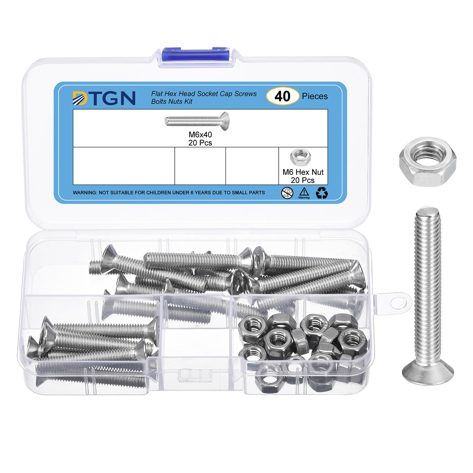 DTGN 40Pcs M6-1.0 x 40mm Flat Head Hex Socket Cap Screws Bolts Nuts Kit, 304 Stainless Steel Round Flat Metric Machine Screws