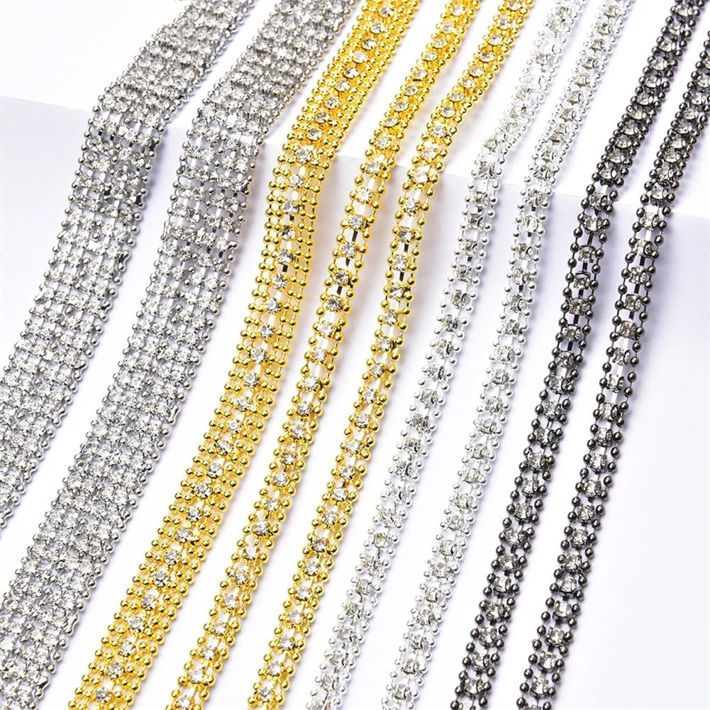 5/8/12Mm Width Rhinestone Trim Gold Silver Metal Bead Chain for Clothing Shoes Bags Decorative White K 12mm 5 Yards