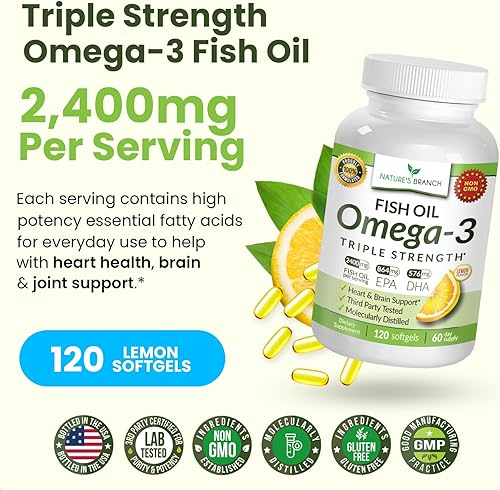 Miniatura 7 de Las mejores píldoras de aceite de pescado Omega 3 de triple fuerza 2400 mg de sabor a limón sin burbujas de alta potencia 864 mg de EPA 576 mg DHA