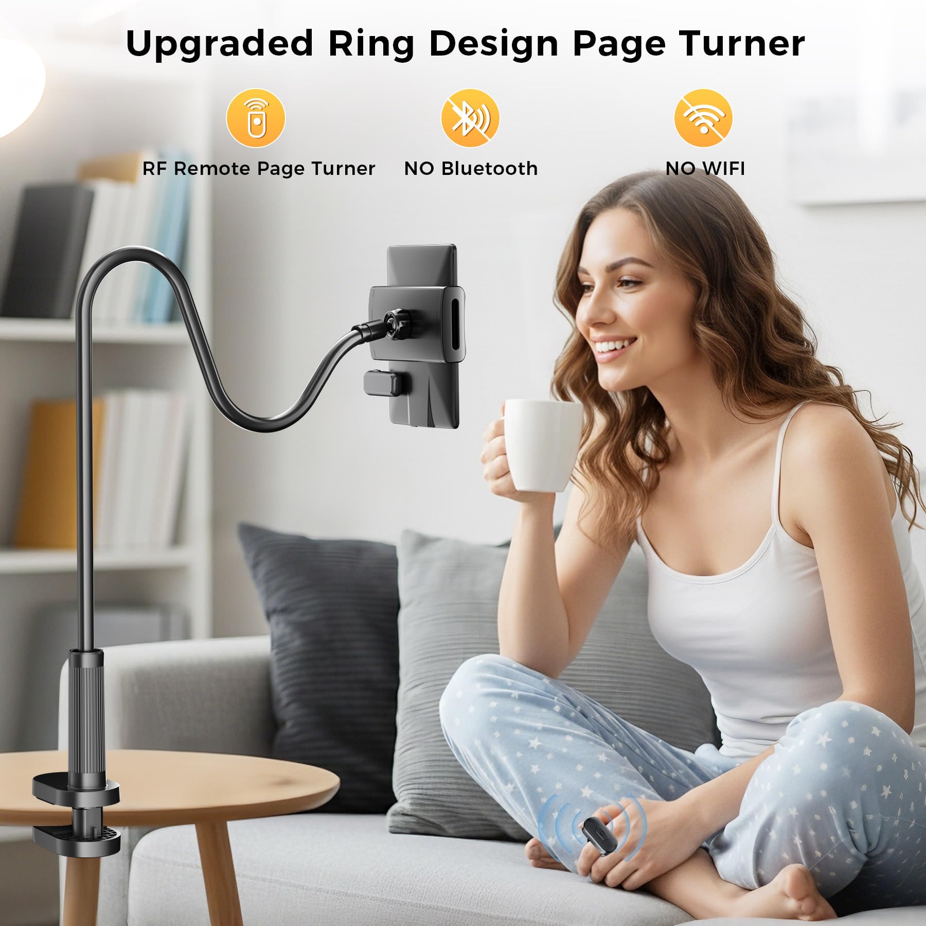 Locthal Supporto per Kindle con anello per girare pagine, supporto per tablet per leggere a letto con telecomando clicker scorrevole, supporto per eReader compatibile con Fire iPad iPhone