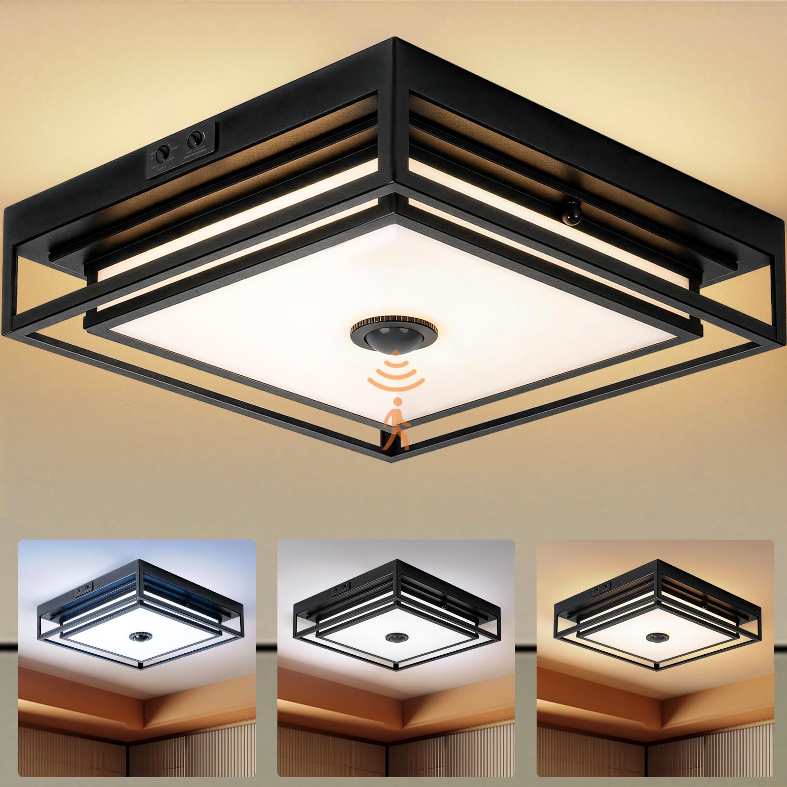 Large LED Motion Sensor Outdoor Ceiling Light 13" Square Flush Mount Lights