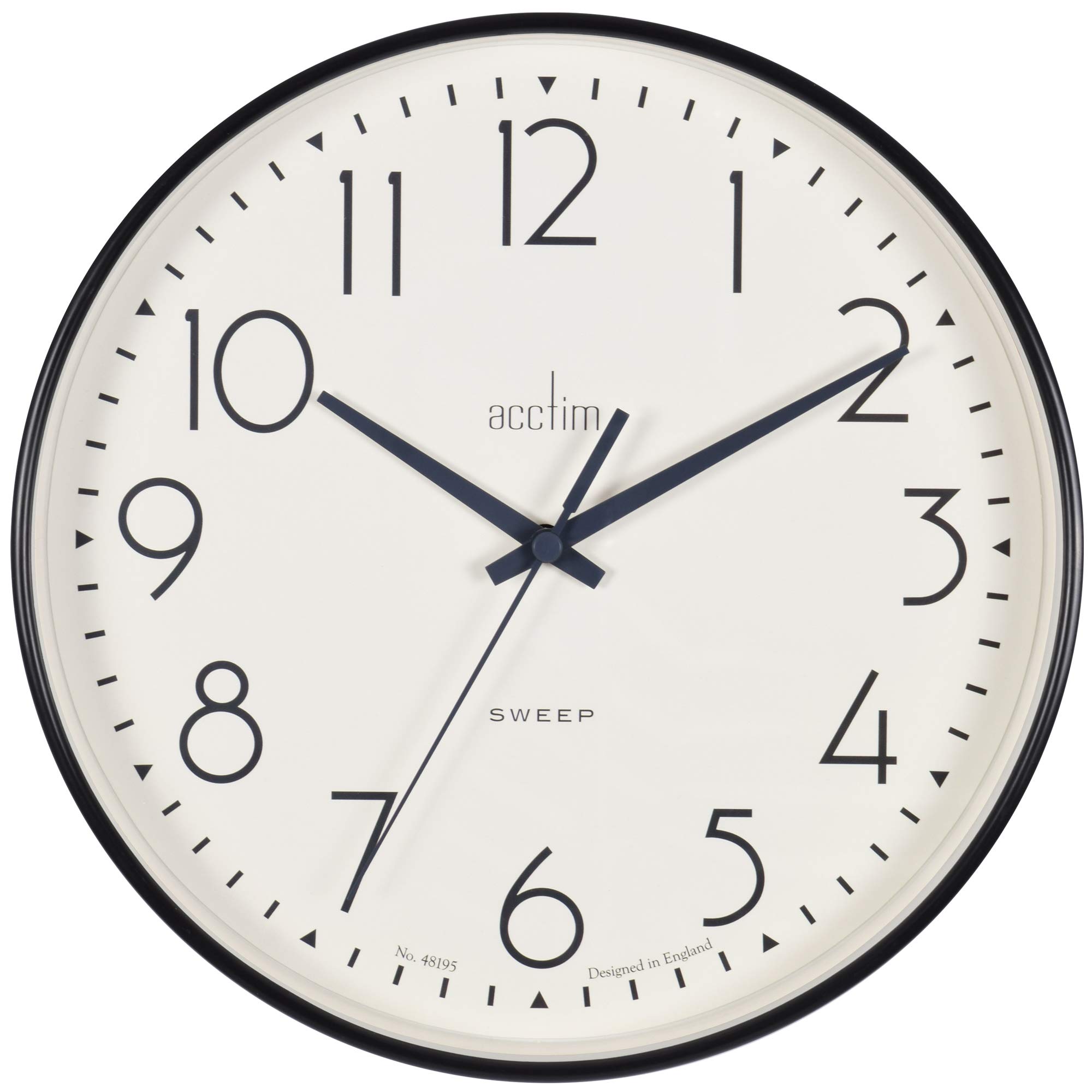 Acctim Earl 25cm Wall Clock - Black Plastic Case - Sweep Seconds Hand - Retro Style