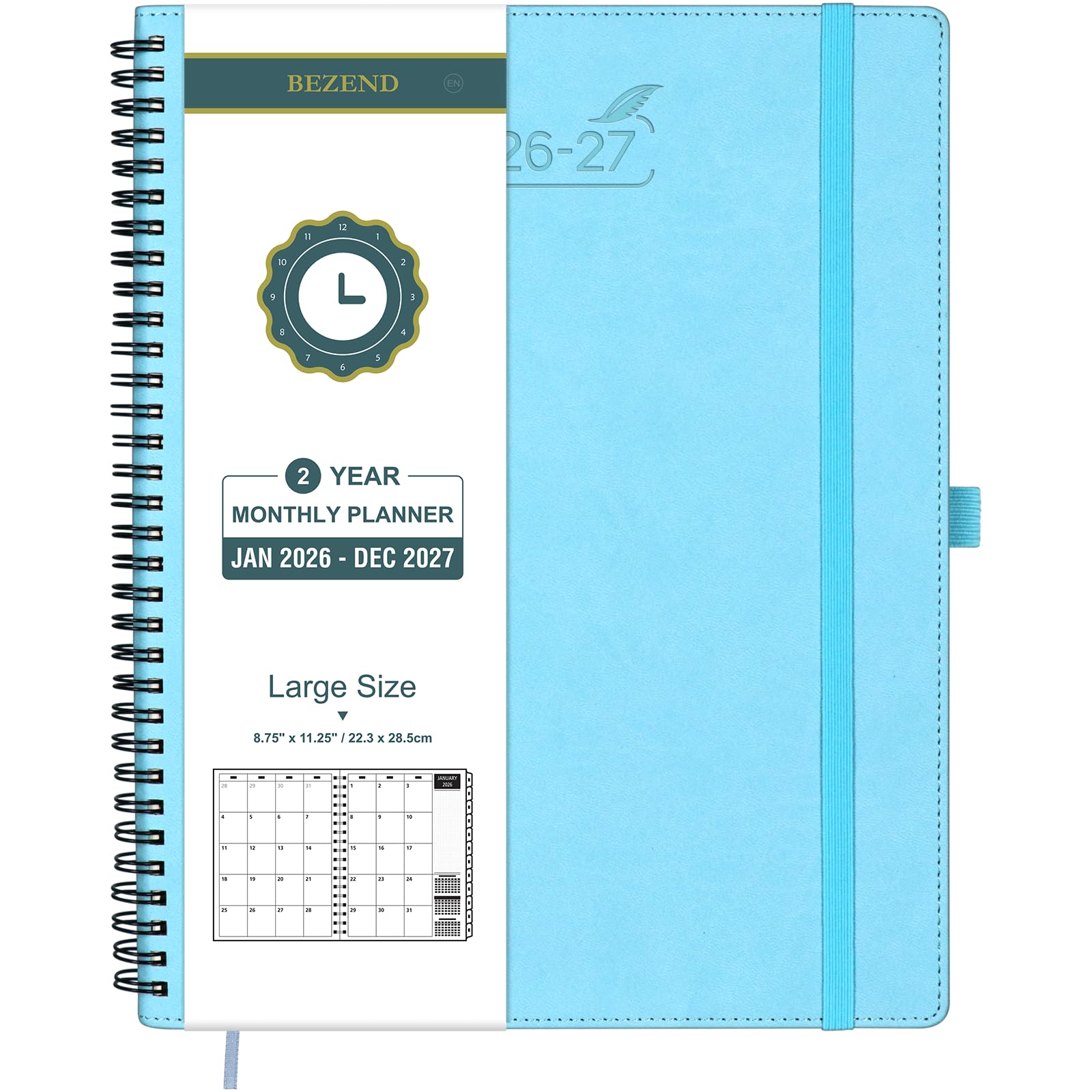 BEZEND Month to View Diary 2026-2027 with Notes (Jan 26 - Dec 27), Monthly Planner 28.5 x 22.5cm - 120 GSM Thick Paper, 2 Year Spiral Calendar with Tabs & Storage Pockets, Soft Cover, Sky Blue — image 1