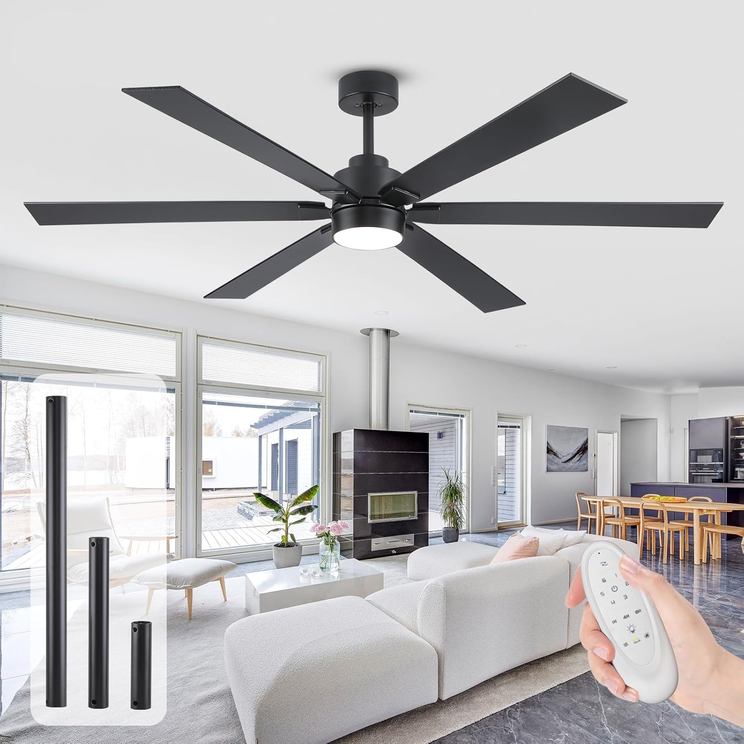 66'' Black Ceiling Fans with Lights and Remote, Indoor/Outdoor Modern Large Ceiling Fan with Lights, 6 Blades Large Airflow Quiet Reversible Ceiling Fan for Patios Living Room Office Garage