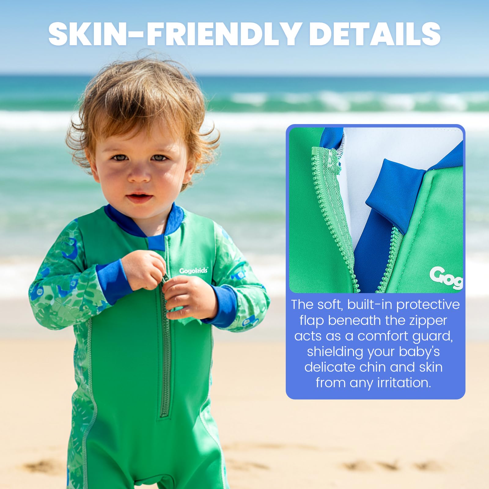 Gogokids Costume da bagno termico per bambini da 0 a 3 anni, con cerniera frontale, con fodera in pile, a maniche lunghe, per nuoto, spiaggia e giochi d'acqua