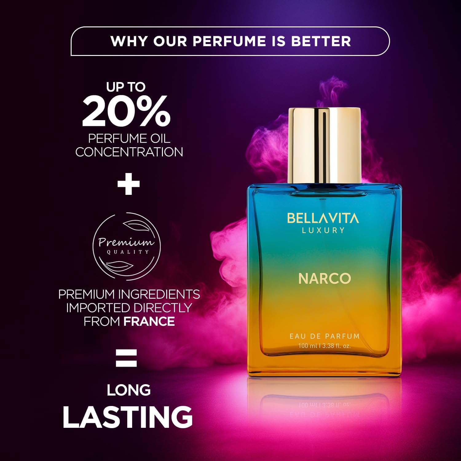 BELLAVITA Luxury NARCO Unisex Perfume for Women and Men | Notes of Bergamot, Jasmine and White Musk | Long-Lasting Luxury Perfume Oils | French Parfum for Women & Men, 100 ML - Image 5